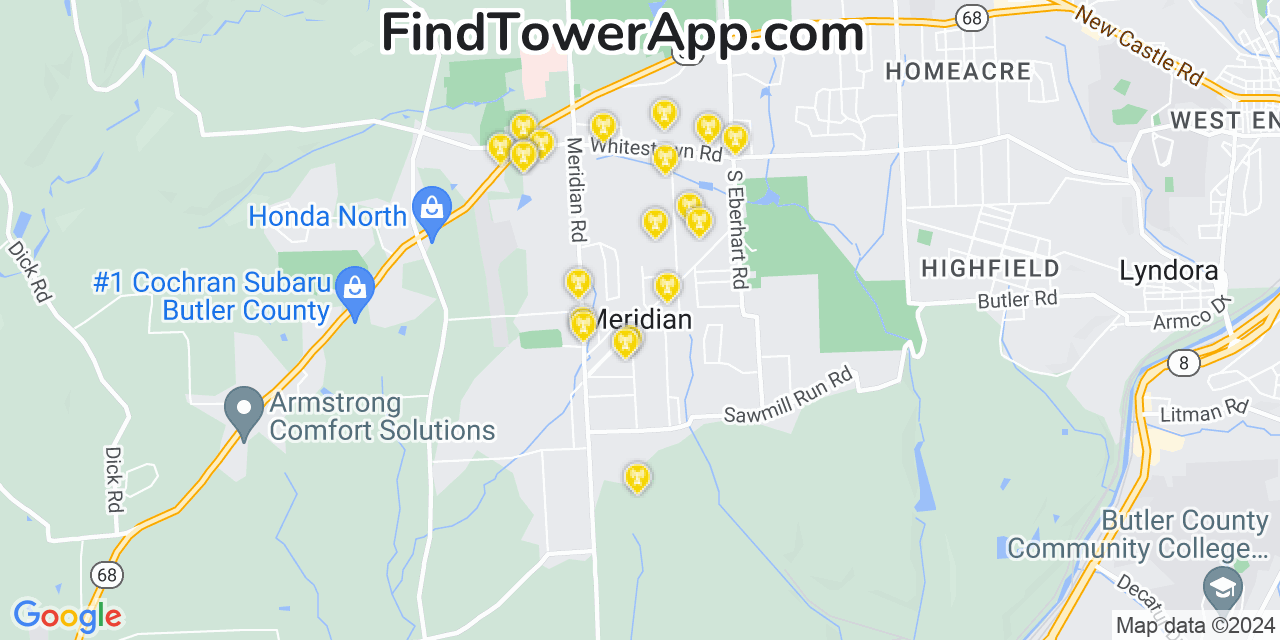 AT&T 4G/5G cell tower coverage map Meridian, Pennsylvania