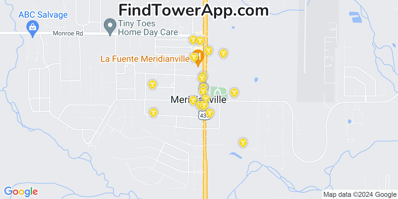 AT&T 4G/5G cell tower coverage map Meridianville, Alabama