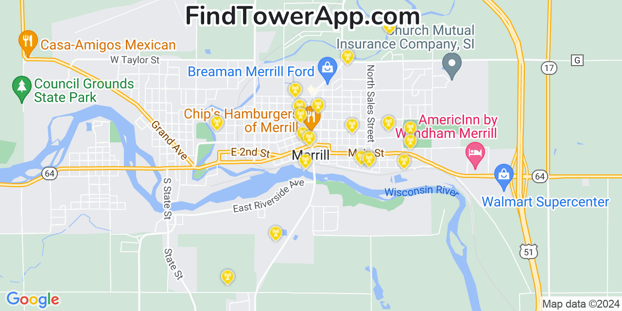 AT&T 4G/5G cell tower coverage map Merrill, Wisconsin