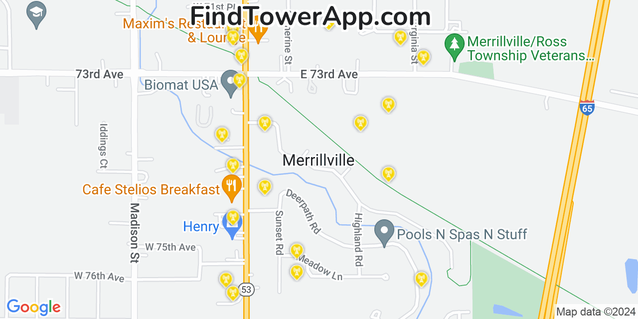 Verizon 4G/5G cell tower coverage map Merrillville, Indiana
