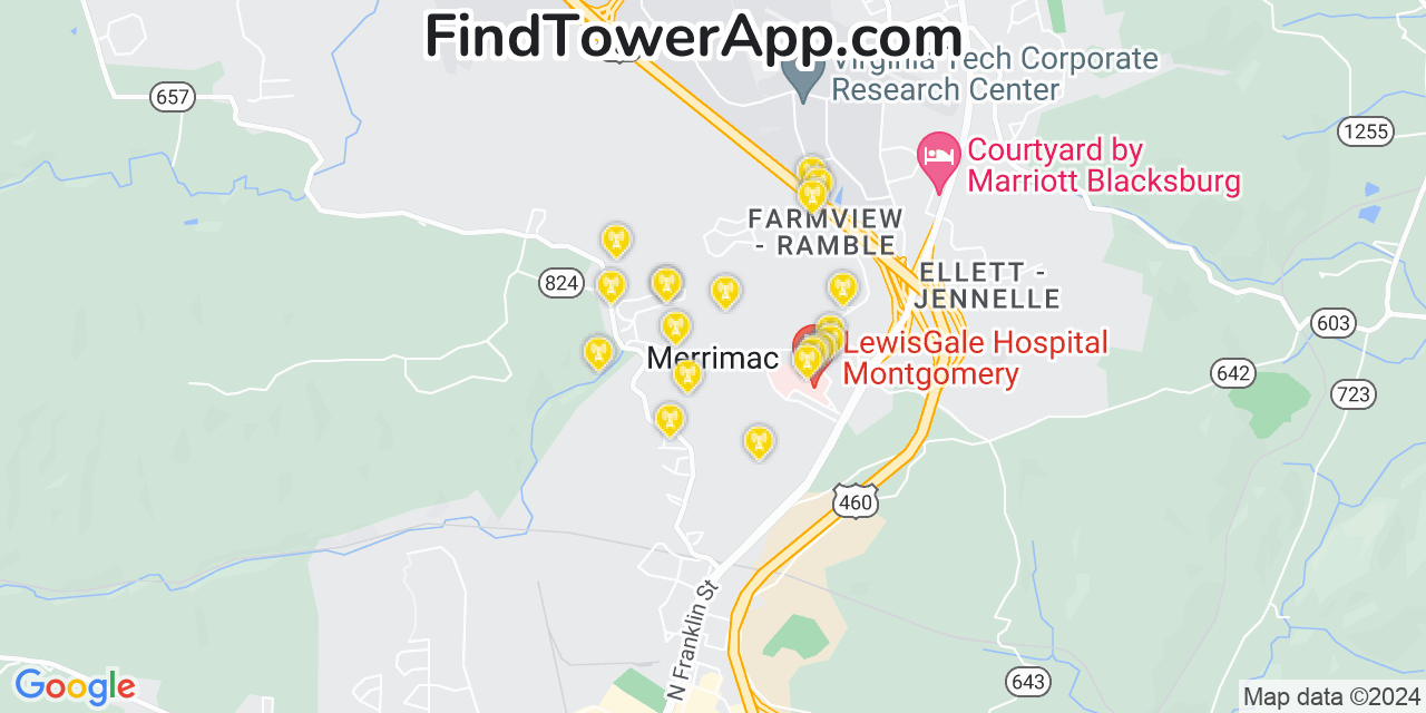AT&T 4G/5G cell tower coverage map Merrimac, Virginia