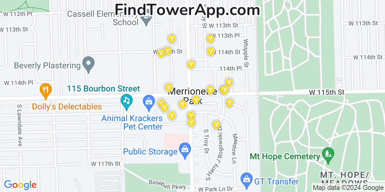AT&T 4G/5G cell tower coverage map Merrionette Park, Illinois