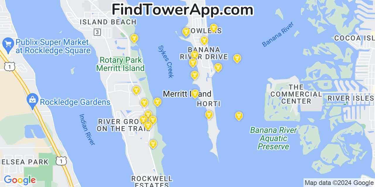 AT&T 4G/5G cell tower coverage map Merritt Island, Florida