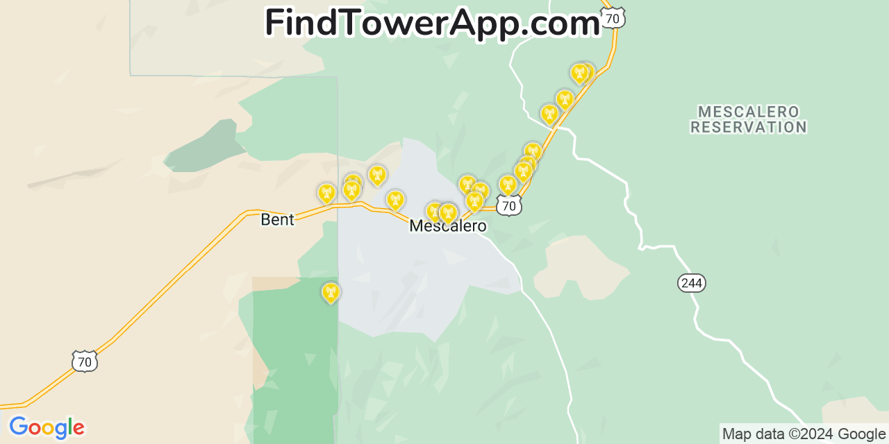 AT&T 4G/5G cell tower coverage map Mescalero, New Mexico
