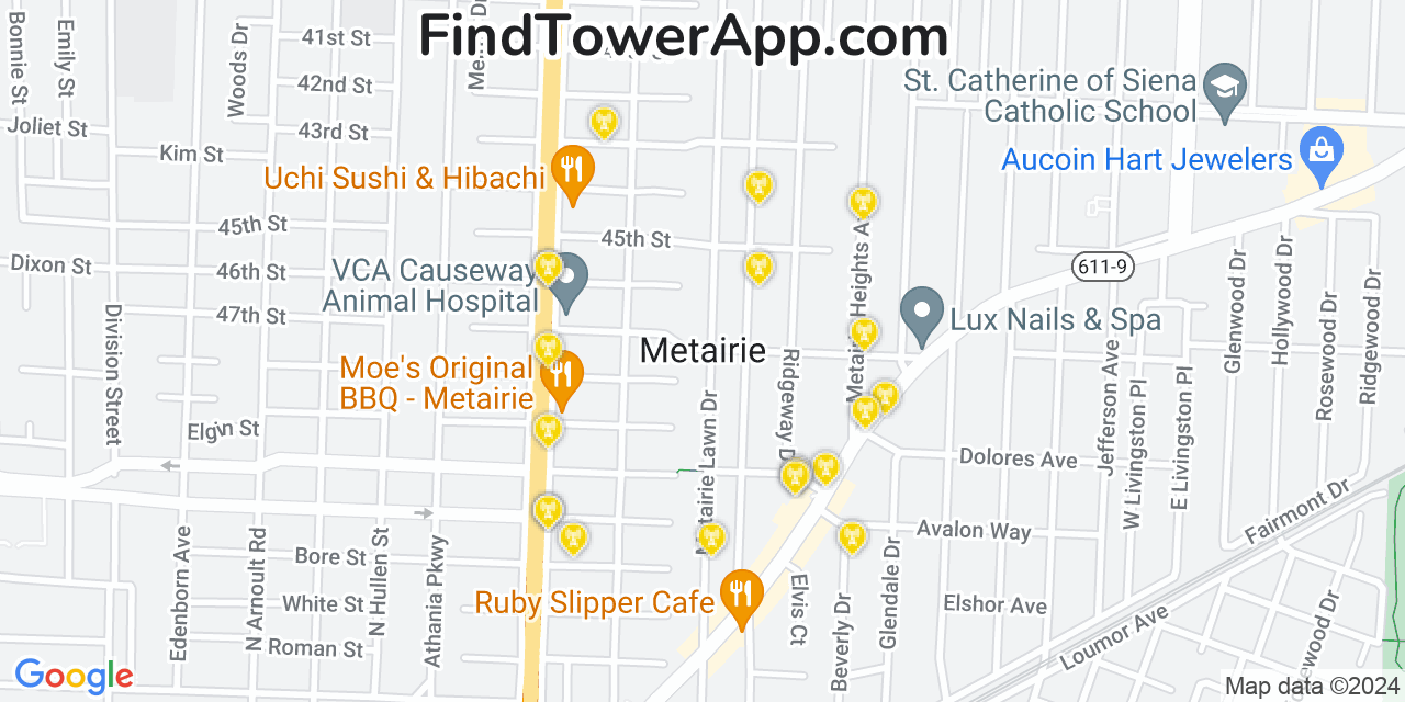 AT&T 4G/5G cell tower coverage map Metairie, Louisiana