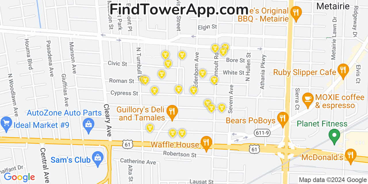 AT&T 4G/5G cell tower coverage map Metairie Terrace, Louisiana