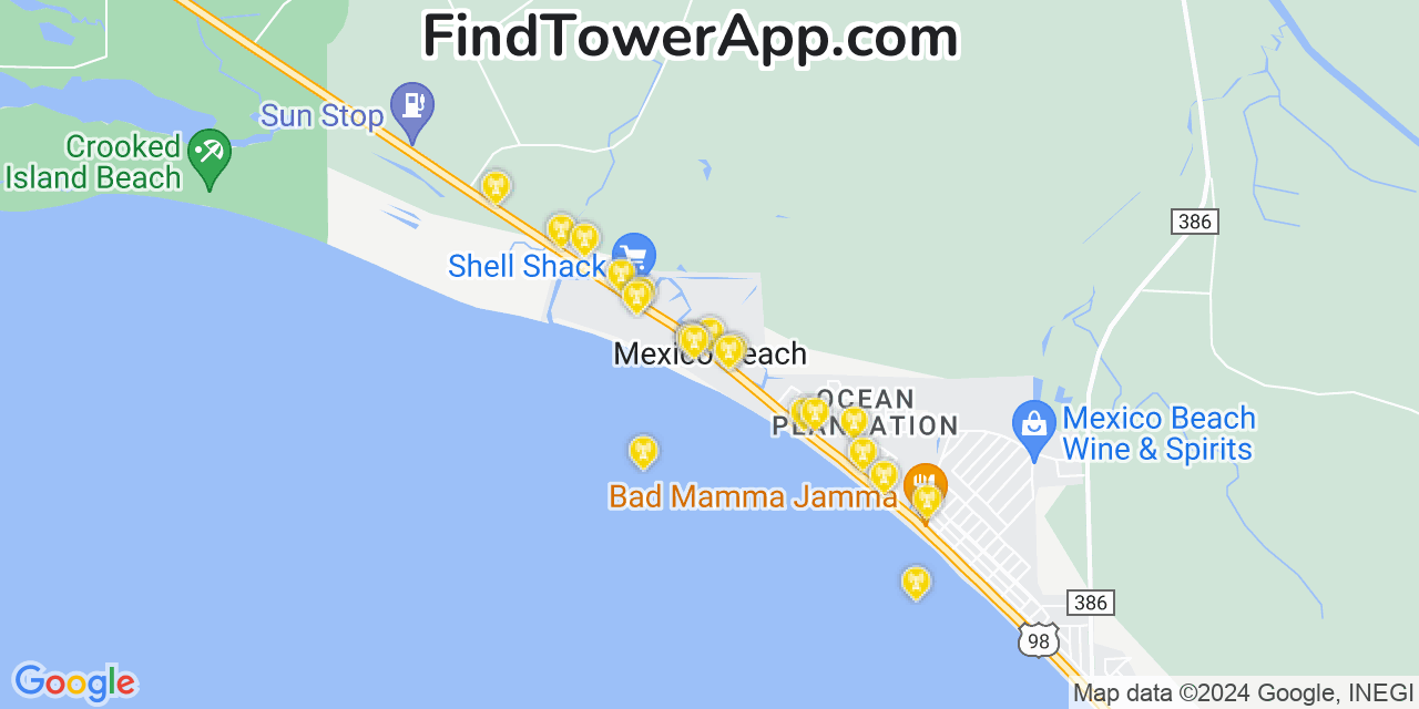 Verizon 4G/5G cell tower coverage map Mexico Beach, Florida