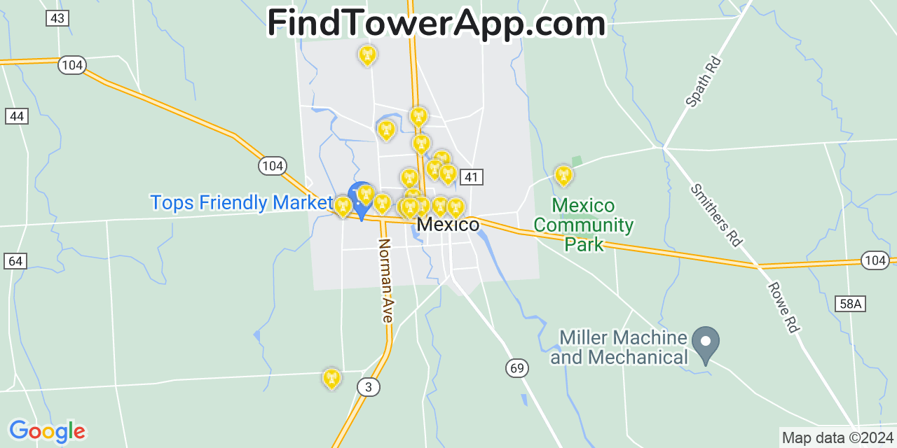 AT&T 4G/5G cell tower coverage map Mexico, New York