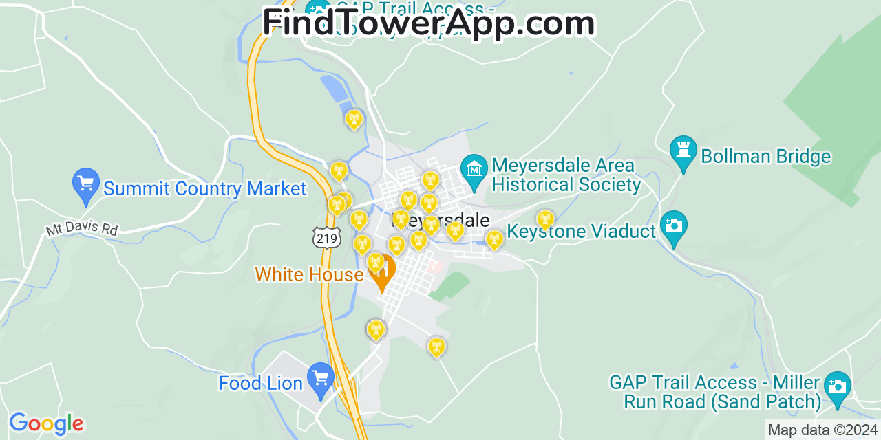 AT&T 4G/5G cell tower coverage map Meyersdale, Pennsylvania