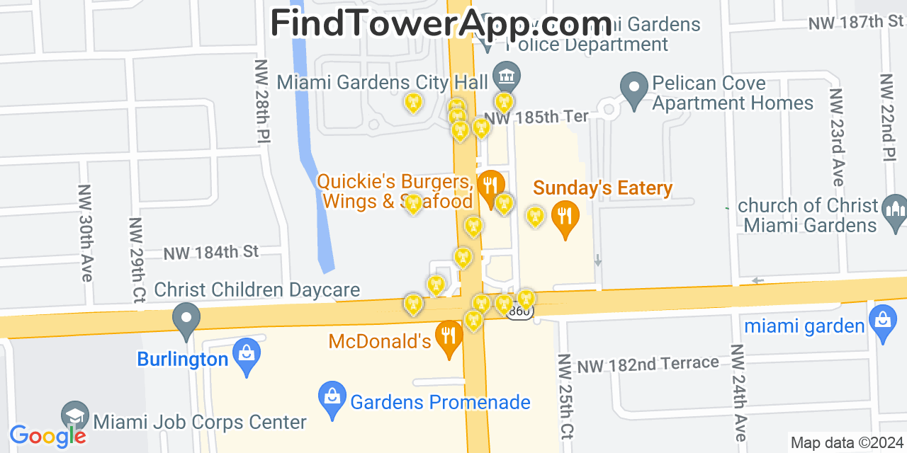 AT&T 4G/5G cell tower coverage map Miami Gardens, Florida