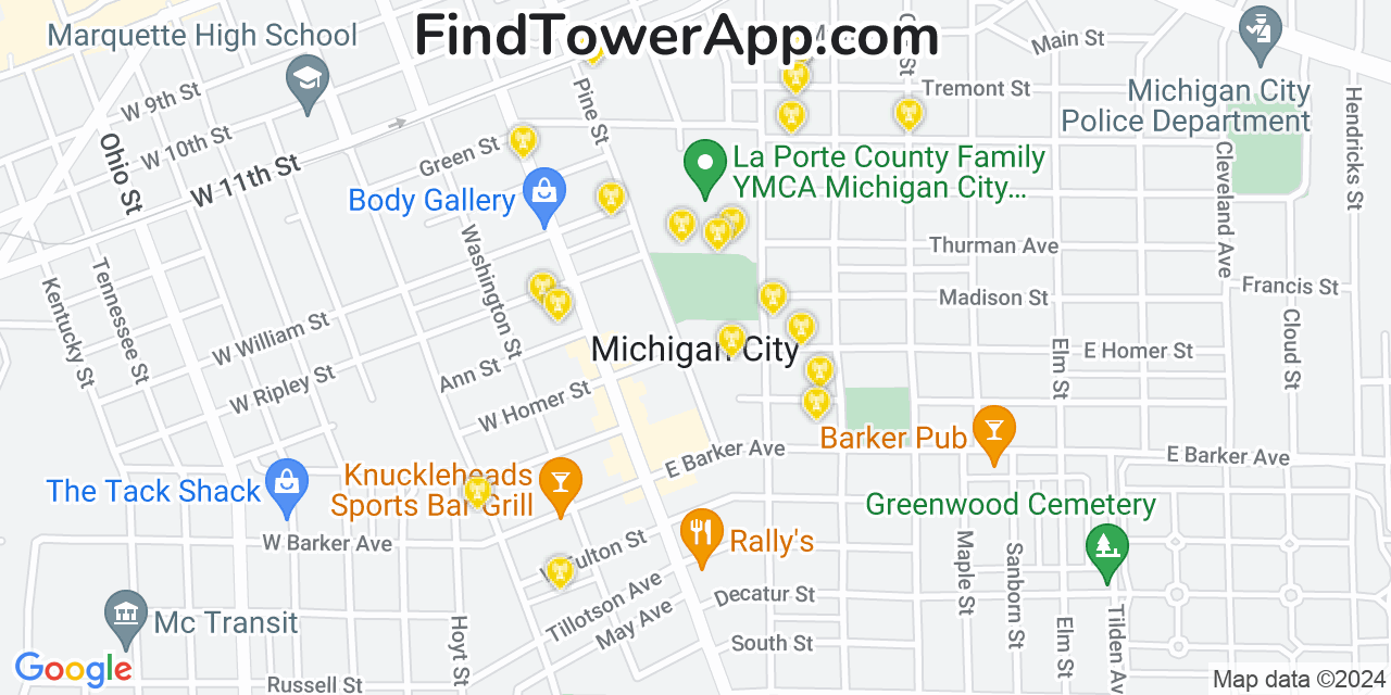 AT&T 4G/5G cell tower coverage map Michigan City, Indiana