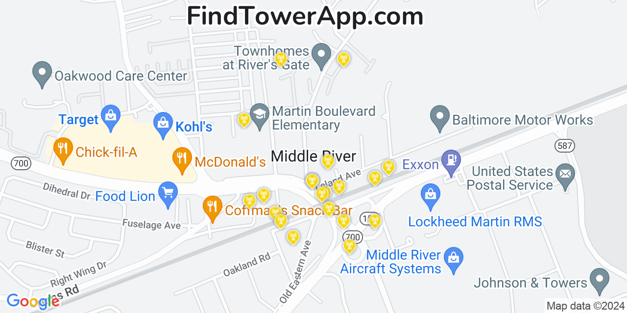 AT&T 4G/5G cell tower coverage map Middle River, Maryland