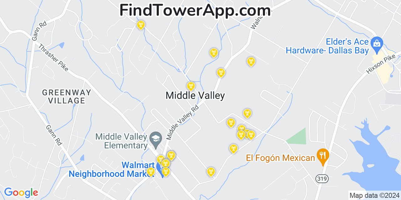 AT&T 4G/5G cell tower coverage map Middle Valley, Tennessee
