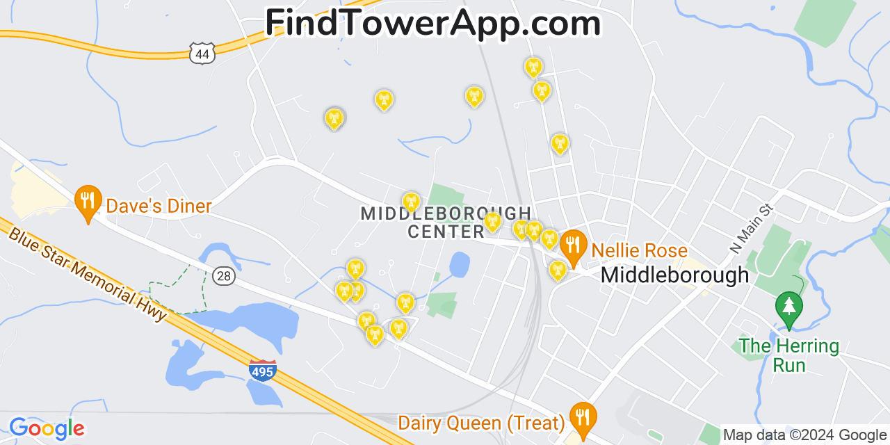 AT&T 4G/5G cell tower coverage map Middleborough Center, Massachusetts