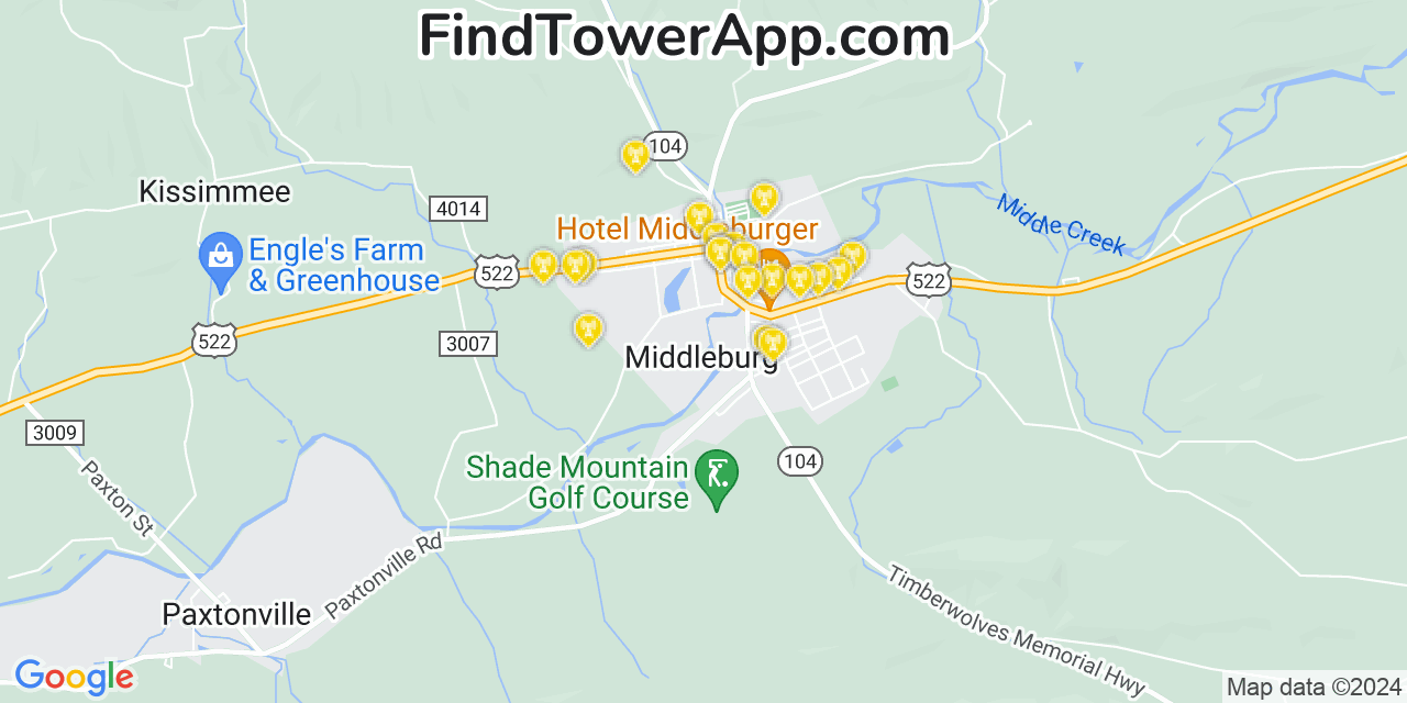AT&T 4G/5G cell tower coverage map Middleburg, Pennsylvania