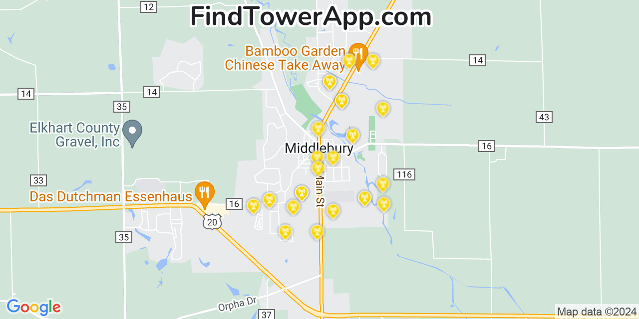 AT&T 4G/5G cell tower coverage map Middlebury, Indiana