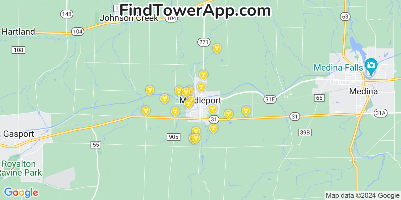 AT&T 4G/5G cell tower coverage map Middleport, New York