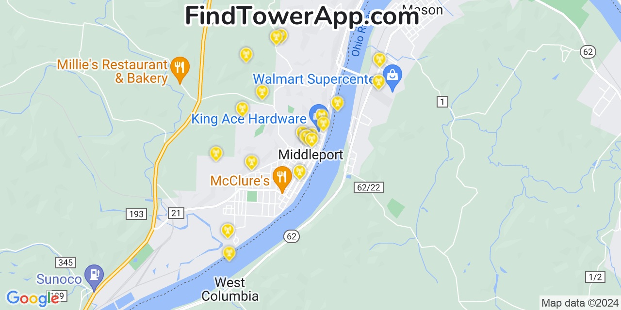 AT&T 4G/5G cell tower coverage map Middleport, Ohio