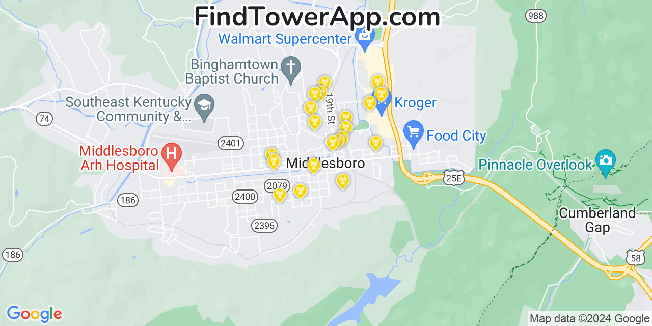 AT&T 4G/5G cell tower coverage map Middlesboro, Kentucky