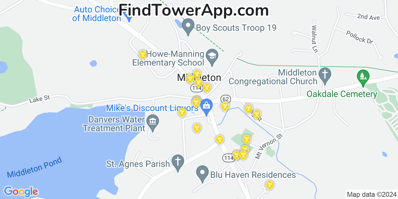 AT&T 4G/5G cell tower coverage map Middleton, Massachusetts
