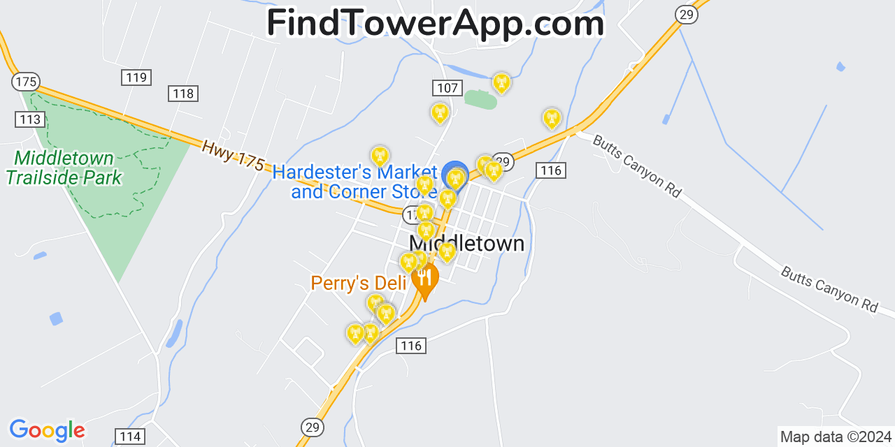 AT&T 4G/5G cell tower coverage map Middletown, California