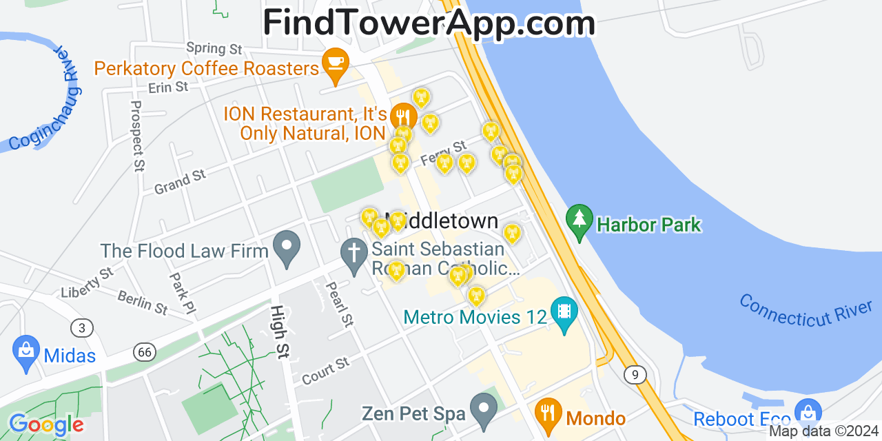 AT&T 4G/5G cell tower coverage map Middletown, Connecticut