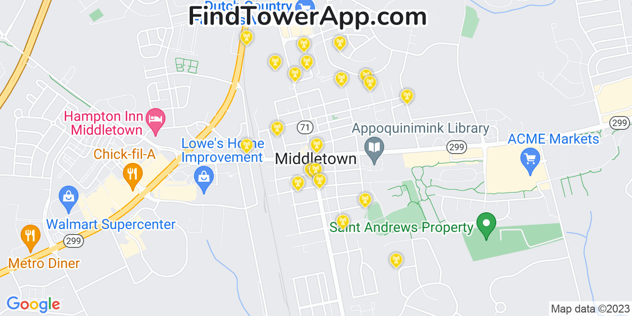 AT&T 4G/5G cell tower coverage map Middletown, Delaware