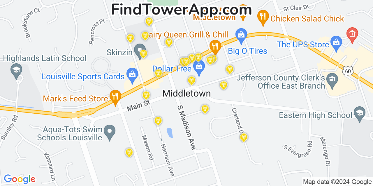 AT&T 4G/5G cell tower coverage map Middletown, Kentucky