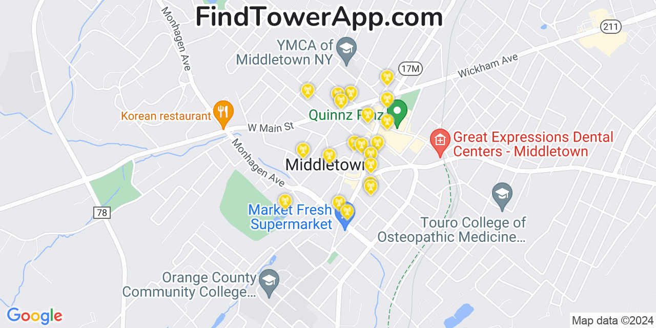 AT&T 4G/5G cell tower coverage map Middletown, New York