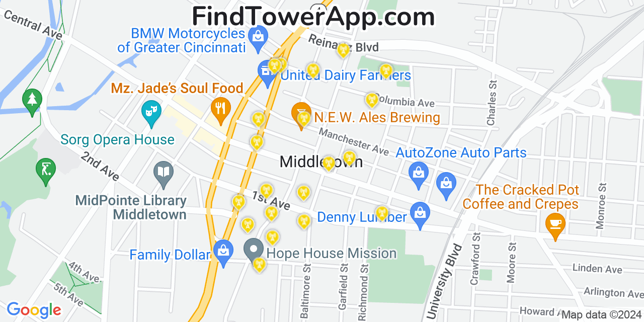 AT&T 4G/5G cell tower coverage map Middletown, Ohio