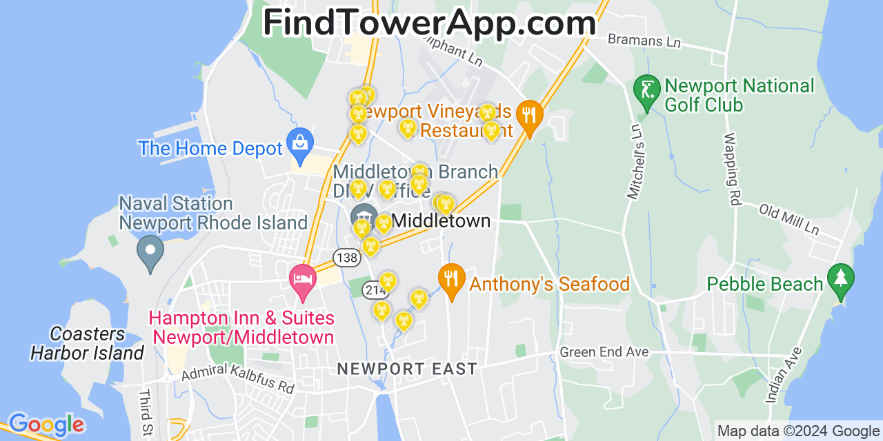 AT&T 4G/5G cell tower coverage map Middletown, Rhode Island