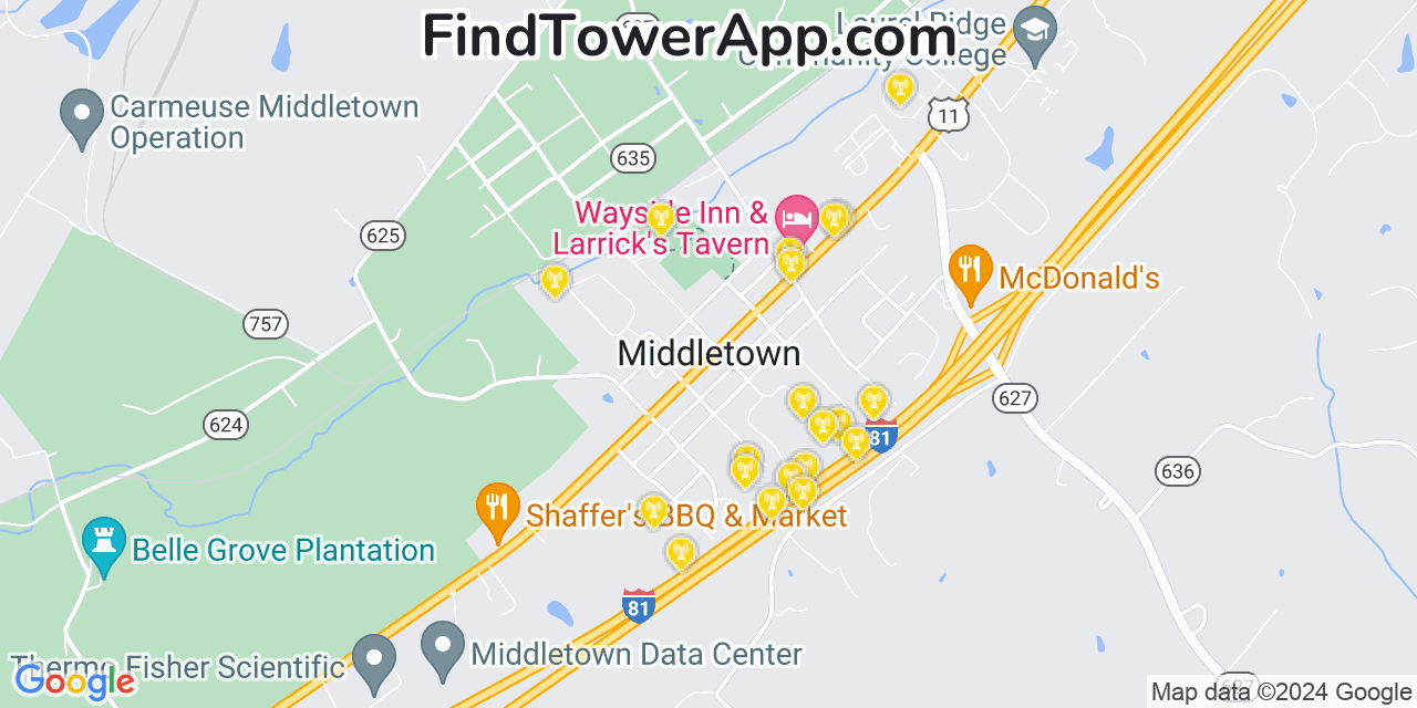 AT&T 4G/5G cell tower coverage map Middletown, Virginia
