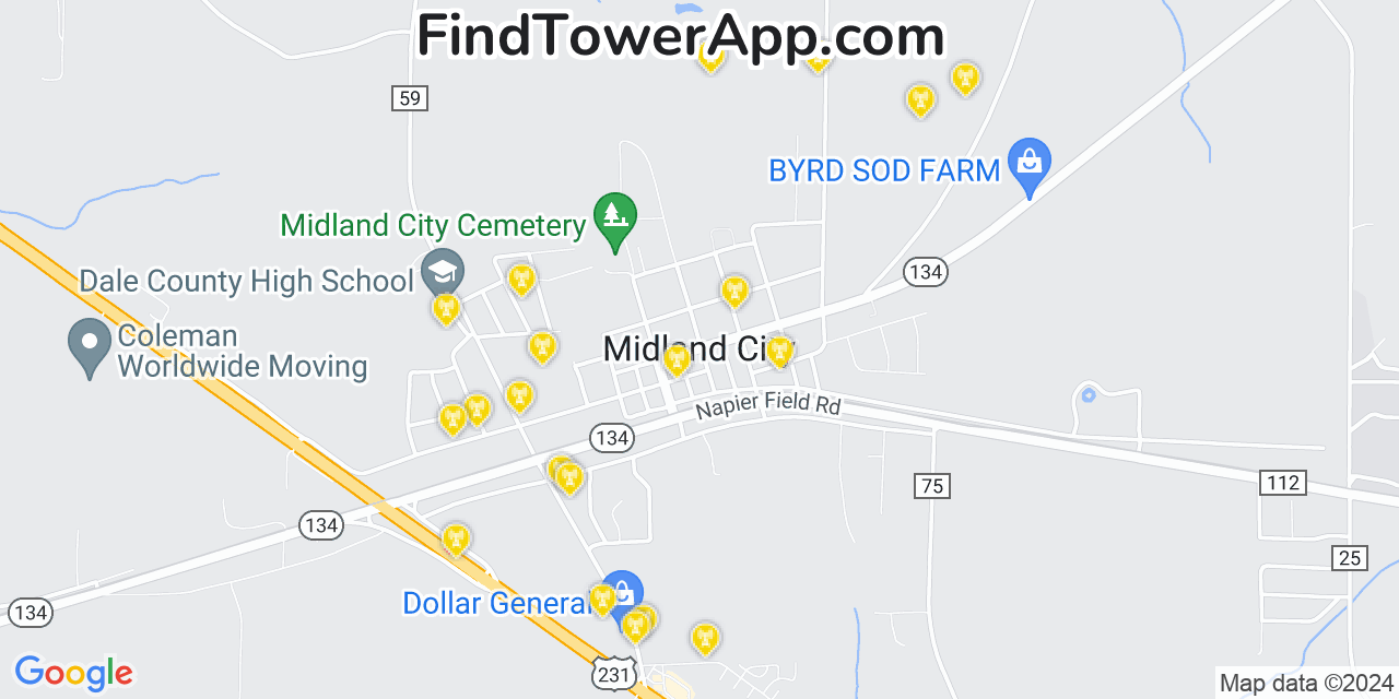 AT&T 4G/5G cell tower coverage map Midland City, Alabama