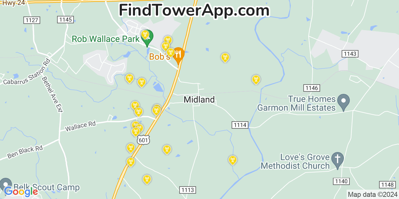 AT&T 4G/5G cell tower coverage map Midland, North Carolina