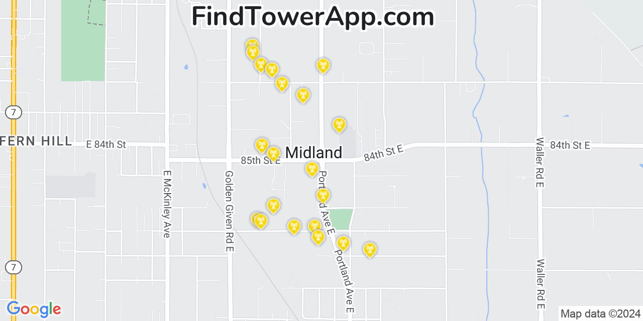 AT&T 4G/5G cell tower coverage map Midland, Washington