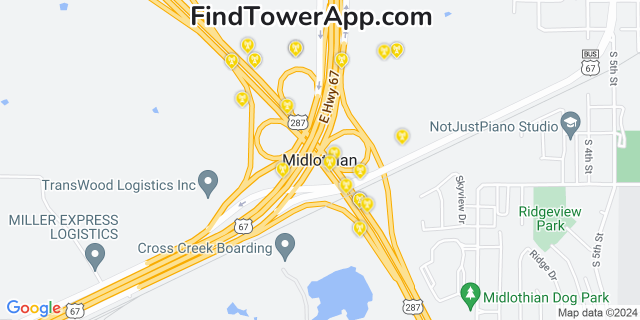 AT&T 4G/5G cell tower coverage map Midlothian, Texas