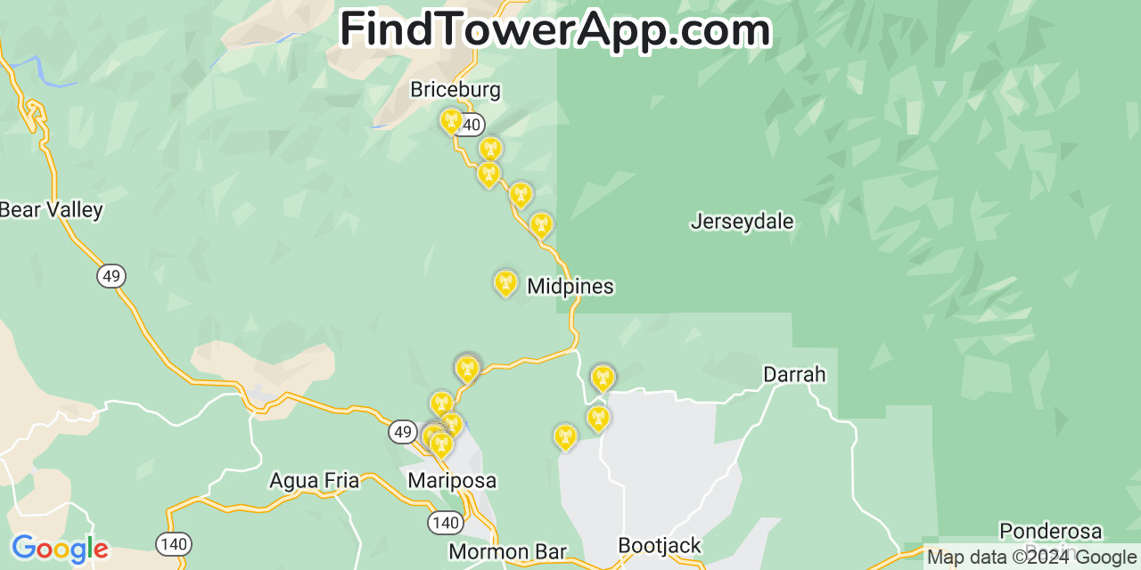 AT&T 4G/5G cell tower coverage map Midpines, California