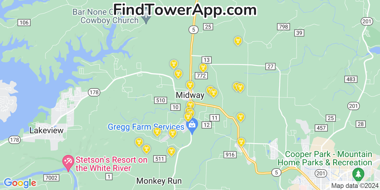 AT&T 4G/5G cell tower coverage map Midway, Arkansas