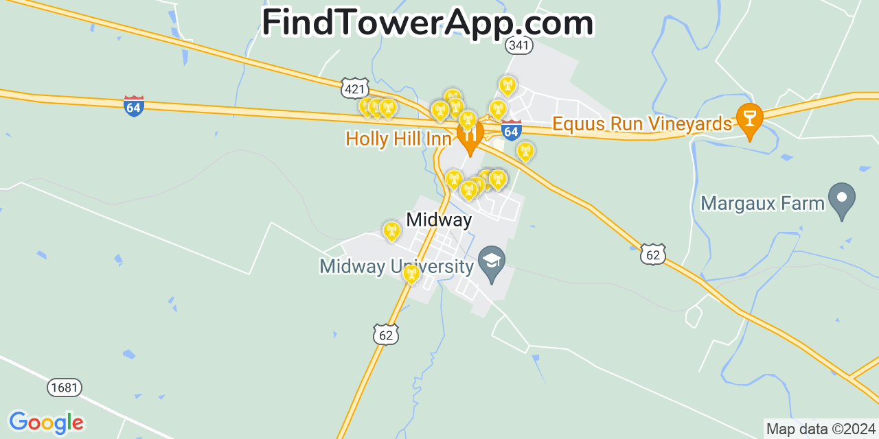 AT&T 4G/5G cell tower coverage map Midway, Kentucky