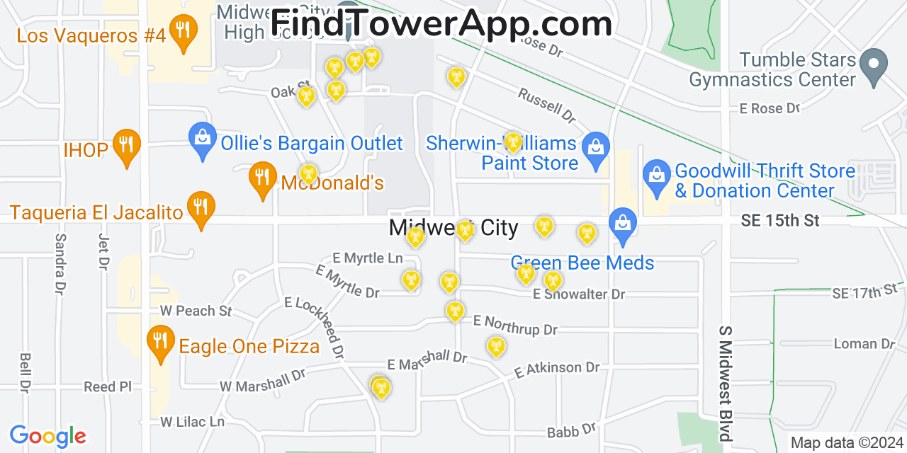 AT&T 4G/5G cell tower coverage map Midwest City, Oklahoma