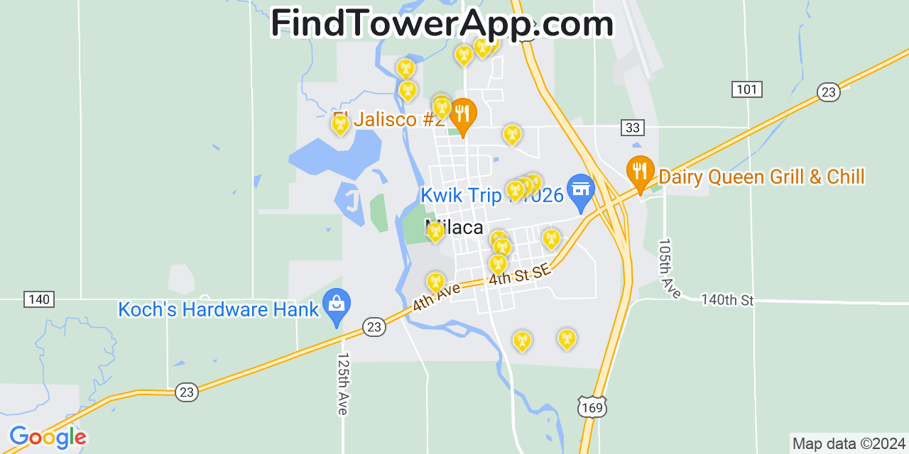 AT&T 4G/5G cell tower coverage map Milaca, Minnesota