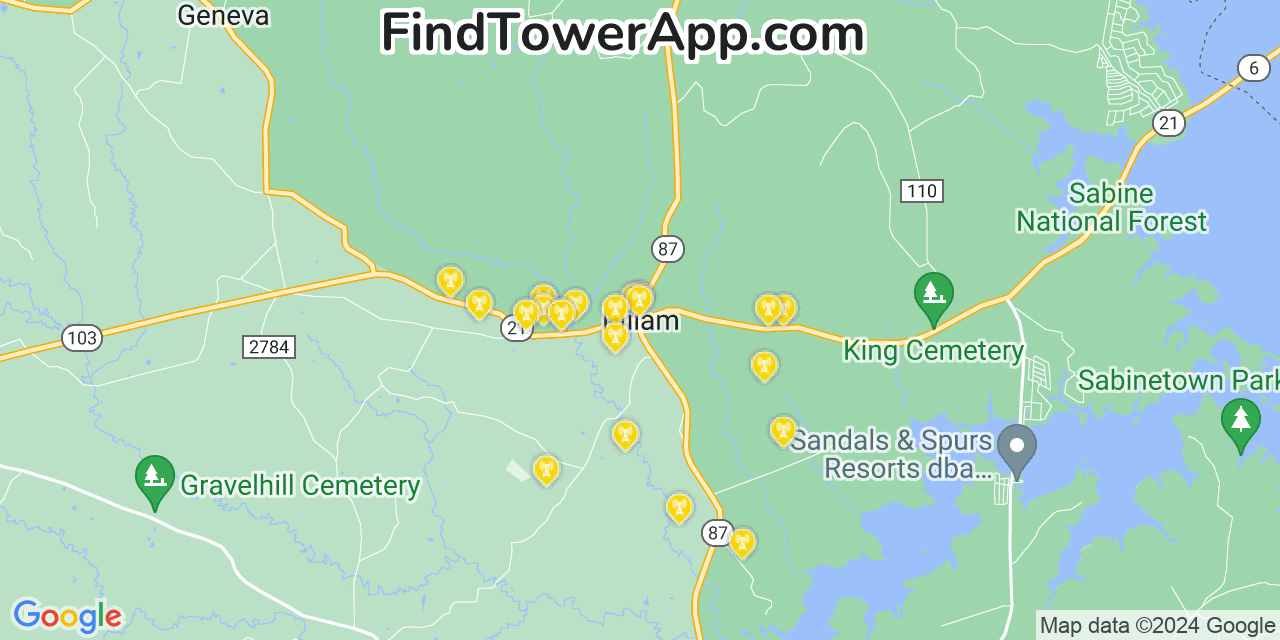 AT&T 4G/5G cell tower coverage map Milam, Texas