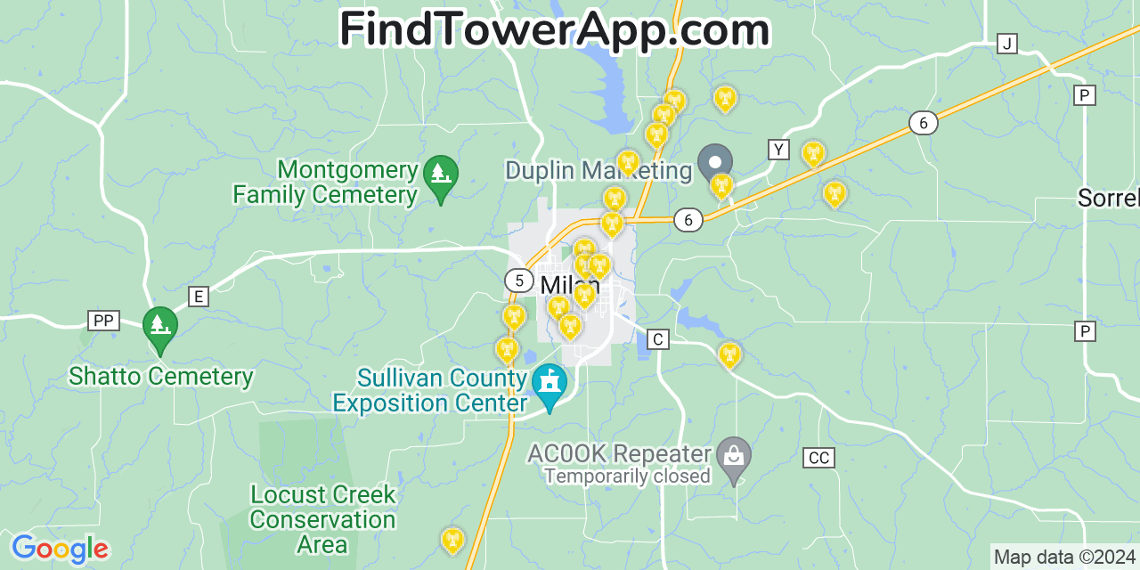 AT&T 4G/5G cell tower coverage map Milan, Missouri