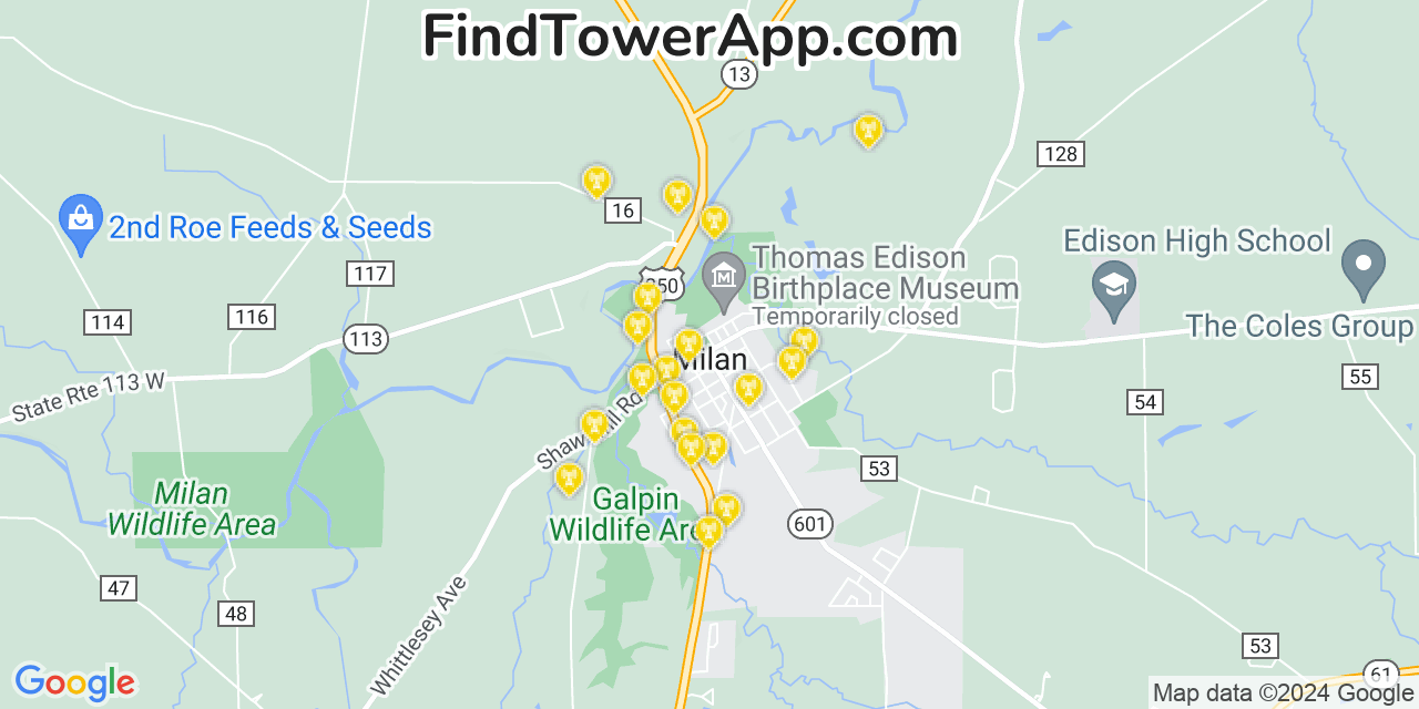 AT&T 4G/5G cell tower coverage map Milan, Ohio