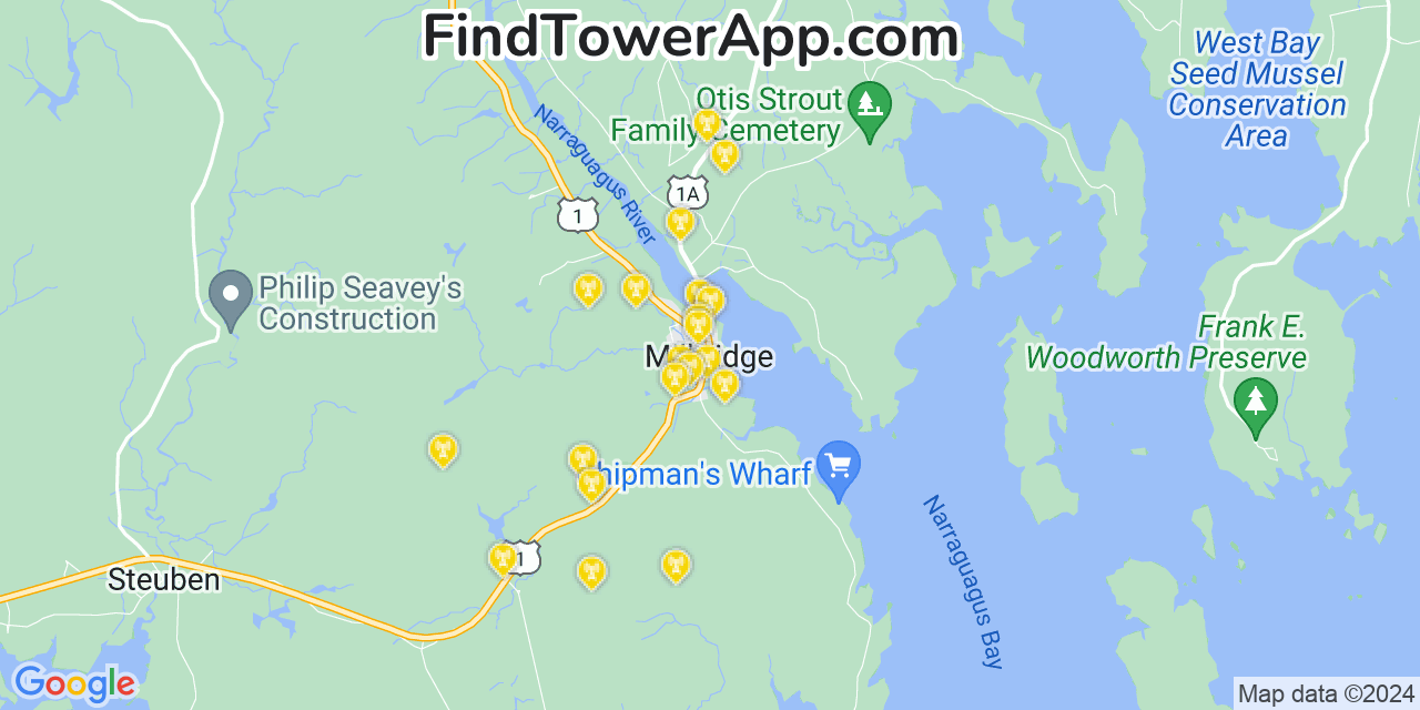 AT&T 4G/5G cell tower coverage map Milbridge, Maine