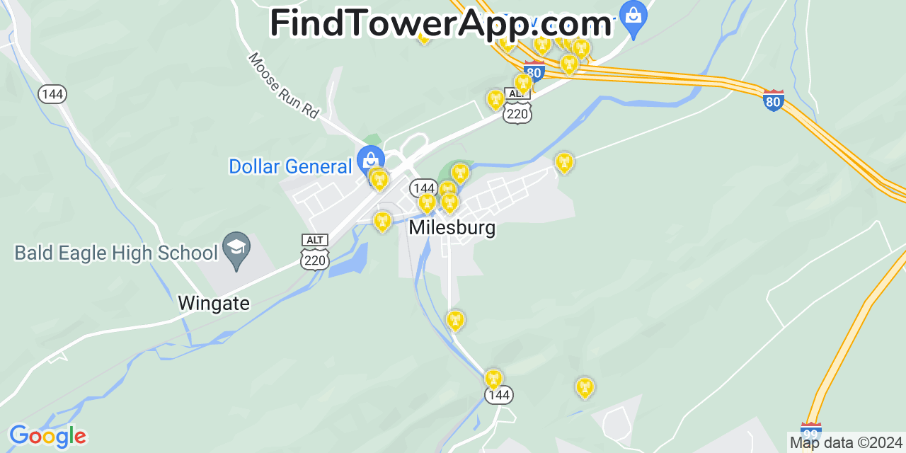 AT&T 4G/5G cell tower coverage map Milesburg, Pennsylvania