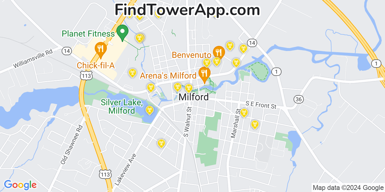 AT&T 4G/5G cell tower coverage map Milford, Delaware