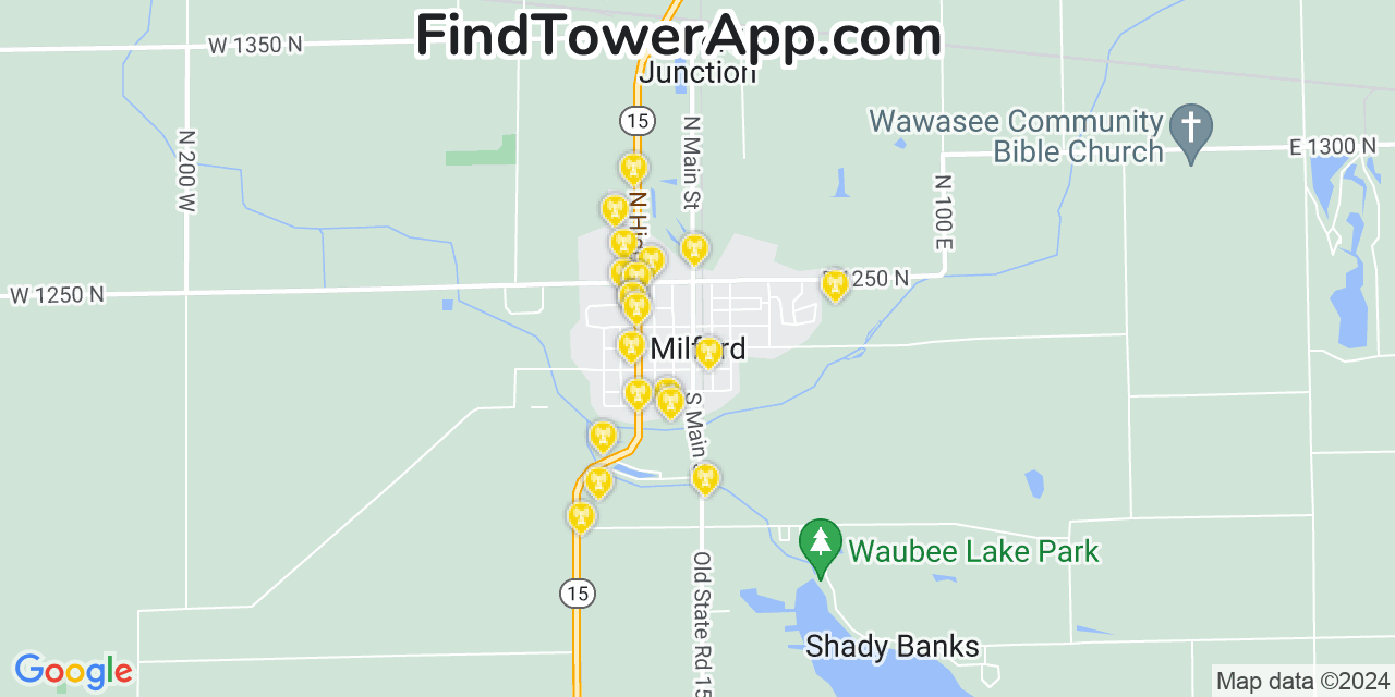 AT&T 4G/5G cell tower coverage map Milford, Indiana