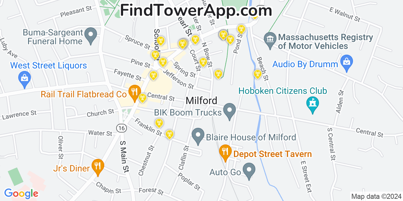 AT&T 4G/5G cell tower coverage map Milford, Massachusetts
