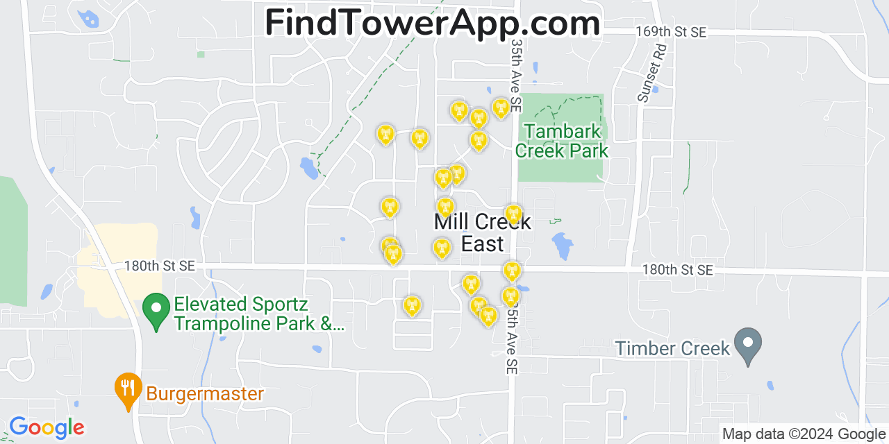 Verizon 4G/5G cell tower coverage map Mill Creek East, Washington